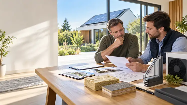 Professionnel et propriétaire vérifiant les qualifications d'une entreprise de rénovation énergétique